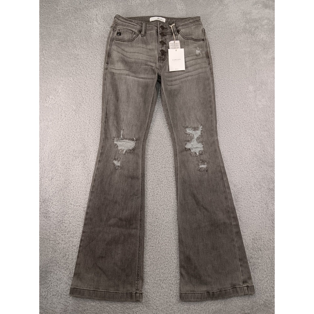 KanCan Jeans Women Size 9 (28x33.5) Gray Flare Button Fly Distressed KC6327LG